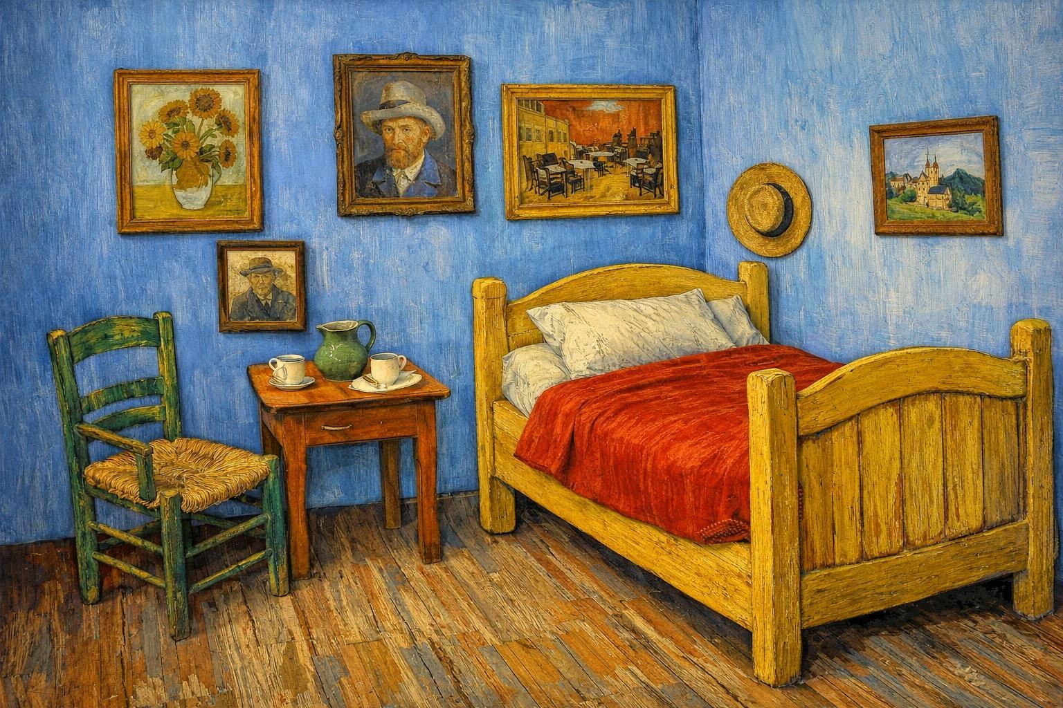 The yellow wooden bed, red cover and blue walls survived.