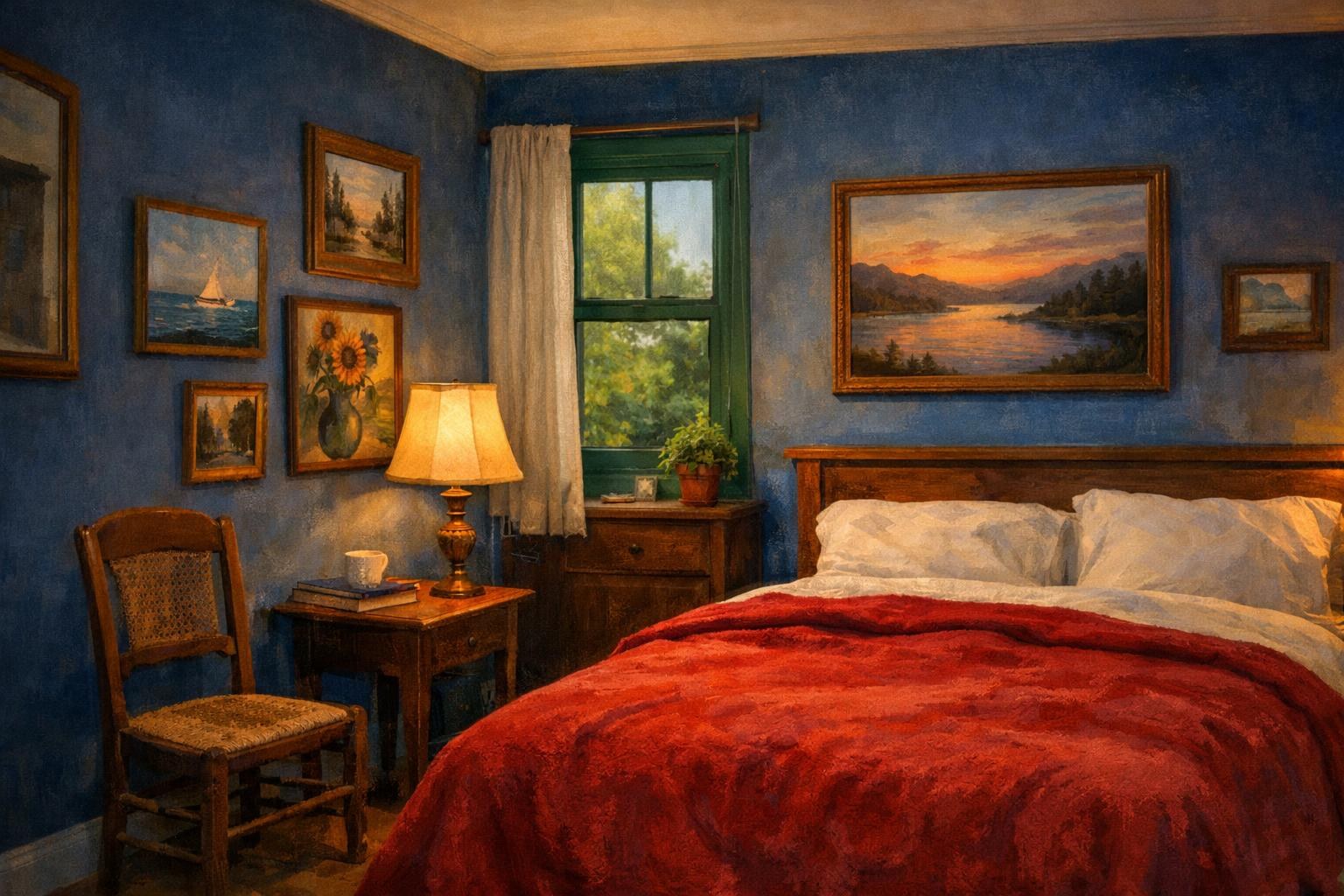 The green window appeared, but the room changed: a large bed fills the foreground, with a lamp and curtains added.