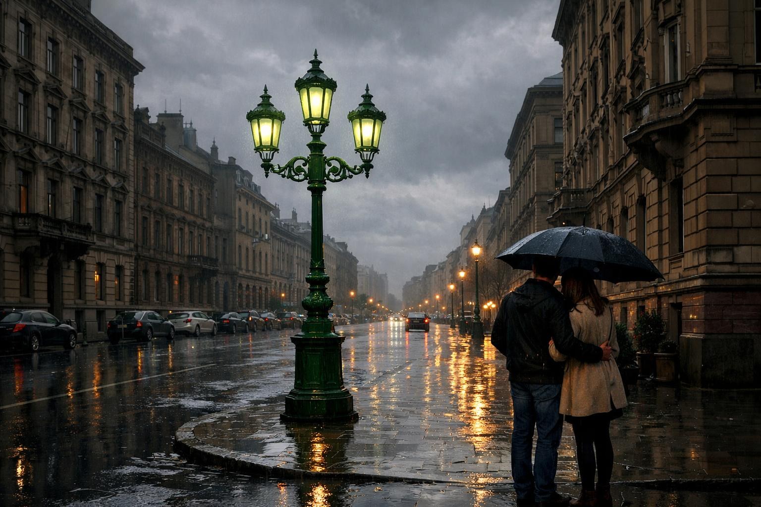 The umbrella appeared and the couple is on the right.