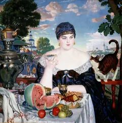 Merchant wife at tea by B.Kustodiev
