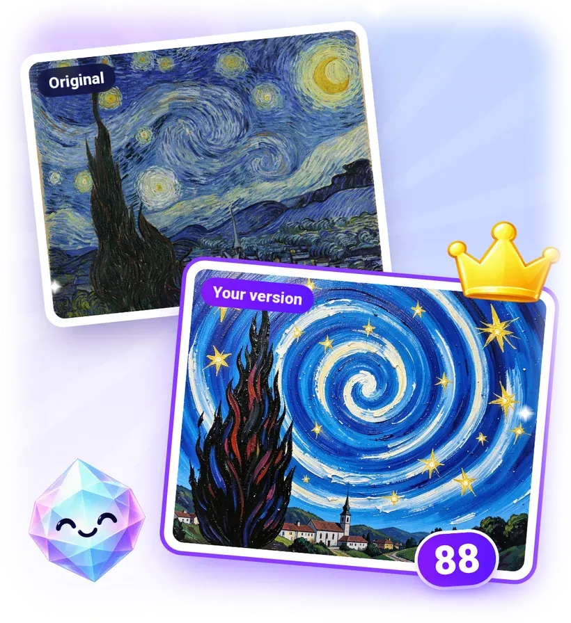 The original “The Starry Night” next to a player’s version drawn by AI from a spoken description, scored 88 out of 100